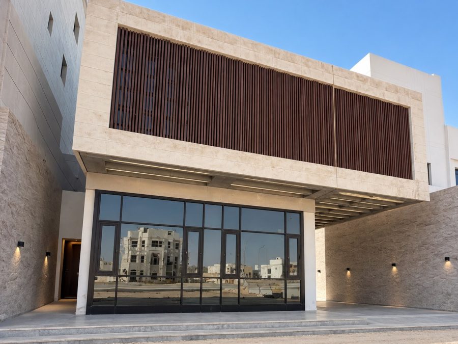 Completed villa facade in stone cladding with timber screen